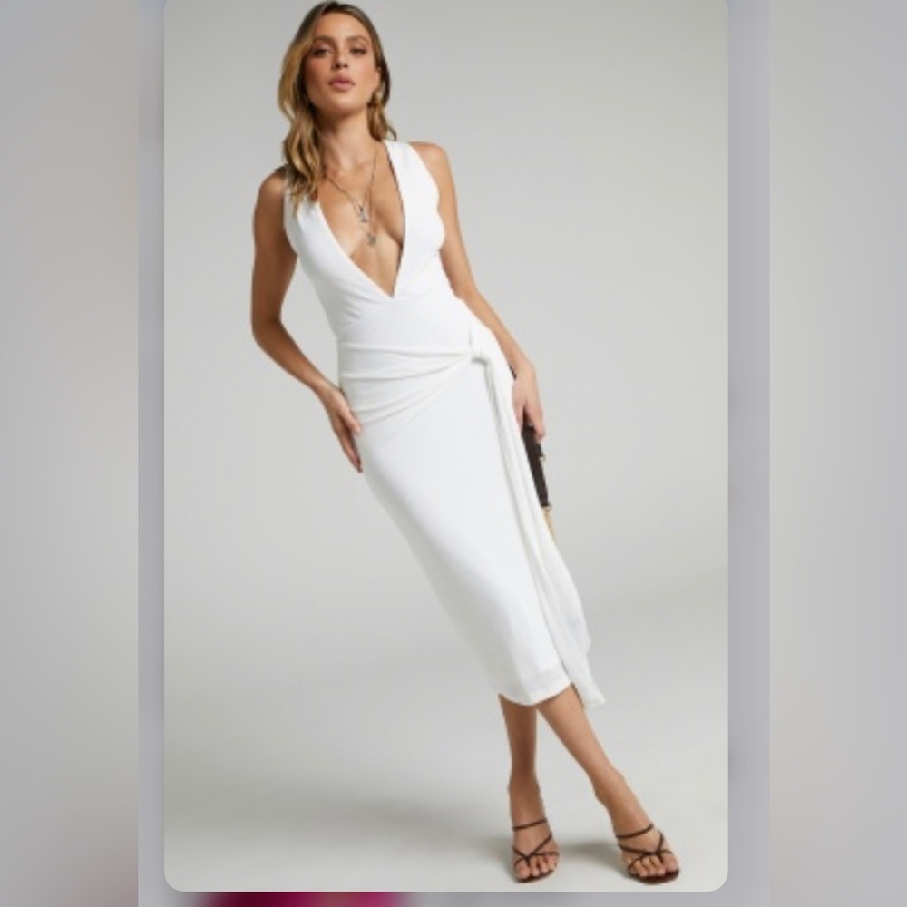 Showpo White Sleeveless Wrap Midi Dress with Side Knot